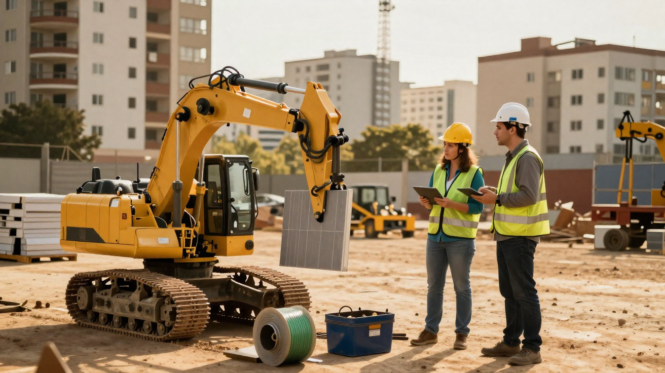 Dois trabalhadores de construção com capacetes e coletes refletores observam máquina escavadora a movimentar placa.