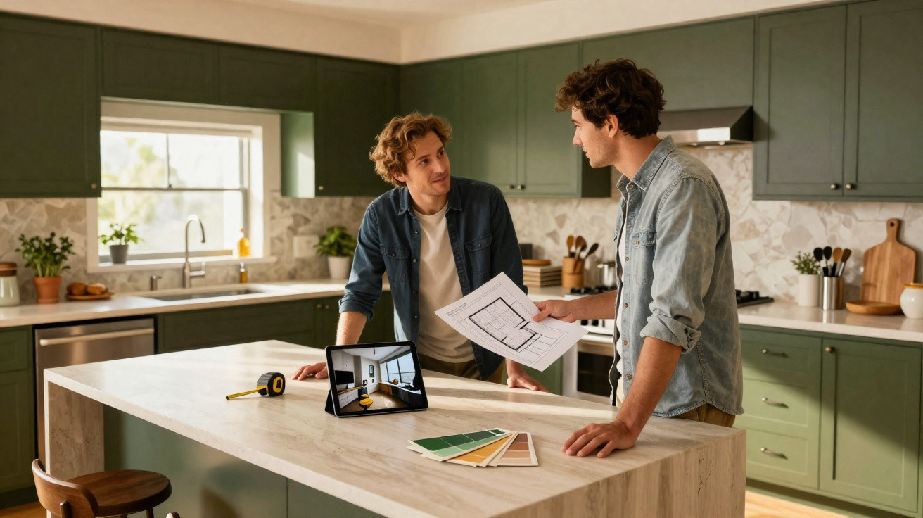 Dois homens numa cozinha moderna a discutir plantas e amostras de cores para decoração.