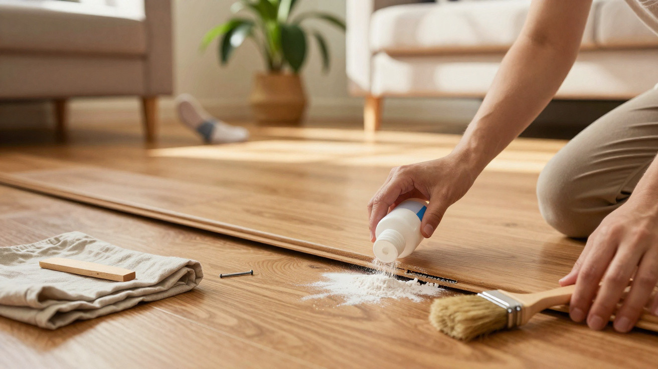 Pessoa a aplicar pó branco numa fenda do chão de madeira para reparar o piso em casa.