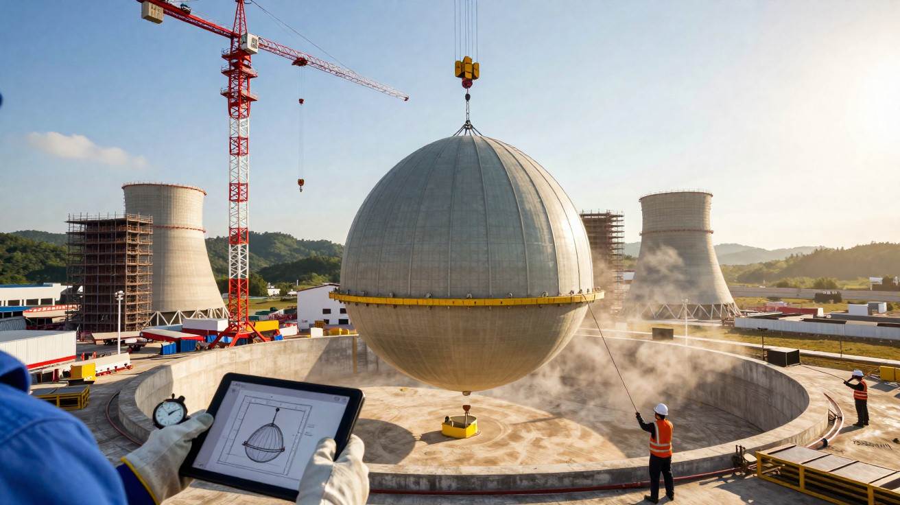 Operários controlam elevação de cobertura esférica em central nuclear em construção com torres de arrefecimento ao fundo.