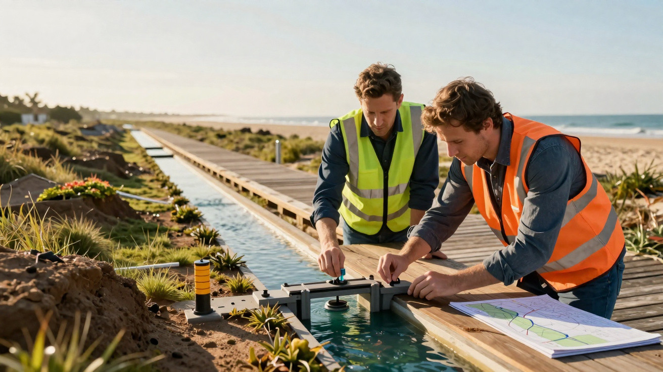 Dois engenheiros em coletes refletores analisam canal de água ao ar livre com plantas à beira-mar.