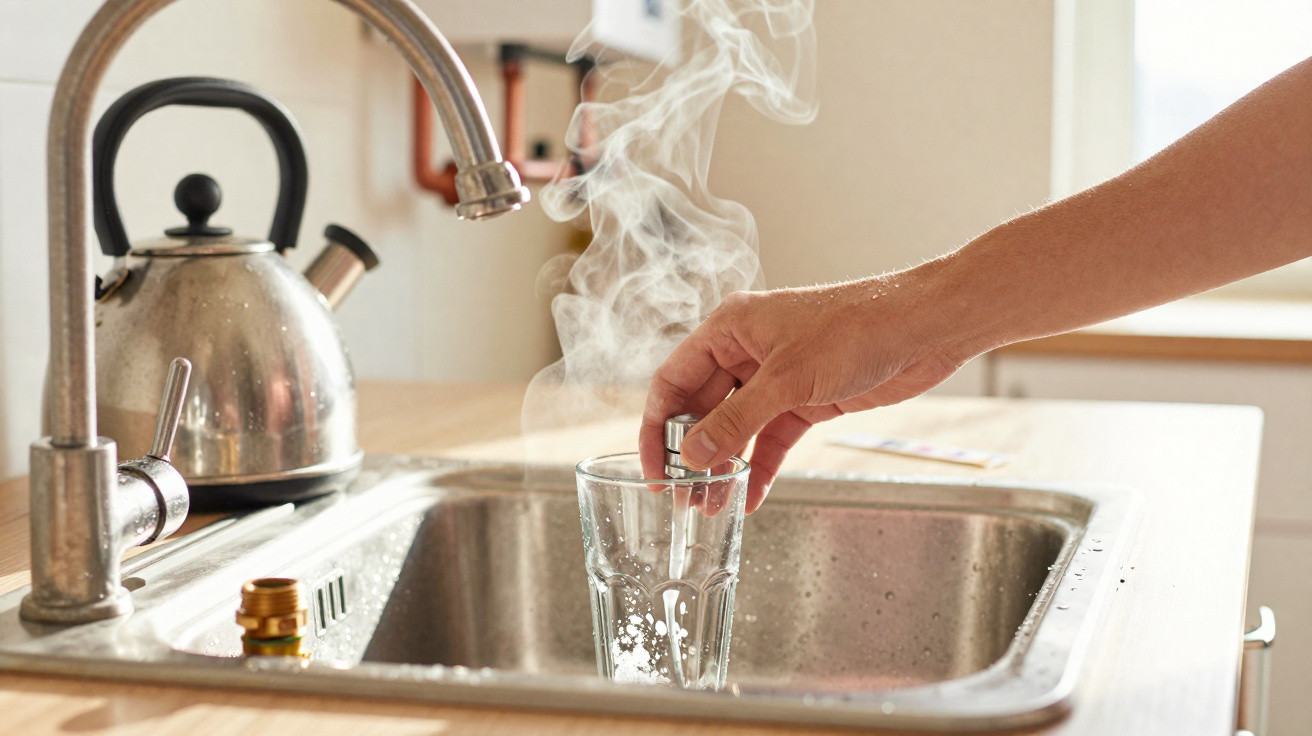 Mão a misturar comprimido efervescente em copo com água quente numa pia de cozinha com chaleira ao fundo.