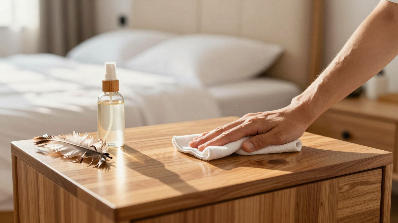 Mão limpa superfície de madeira de mesa ao lado de cama com spray e penas em ambiente iluminado.