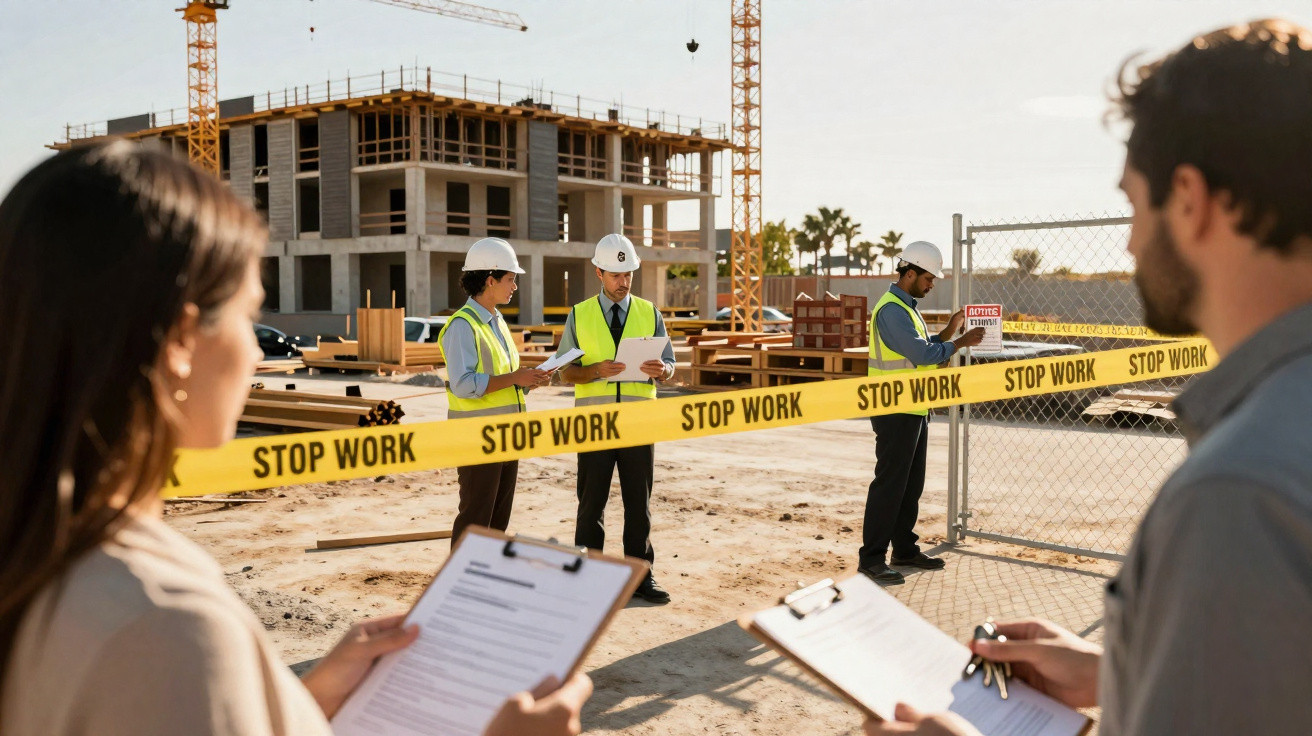 Equipa de construção com coletes e capacetes junto a fita amarela de proibição em obra suspensa.