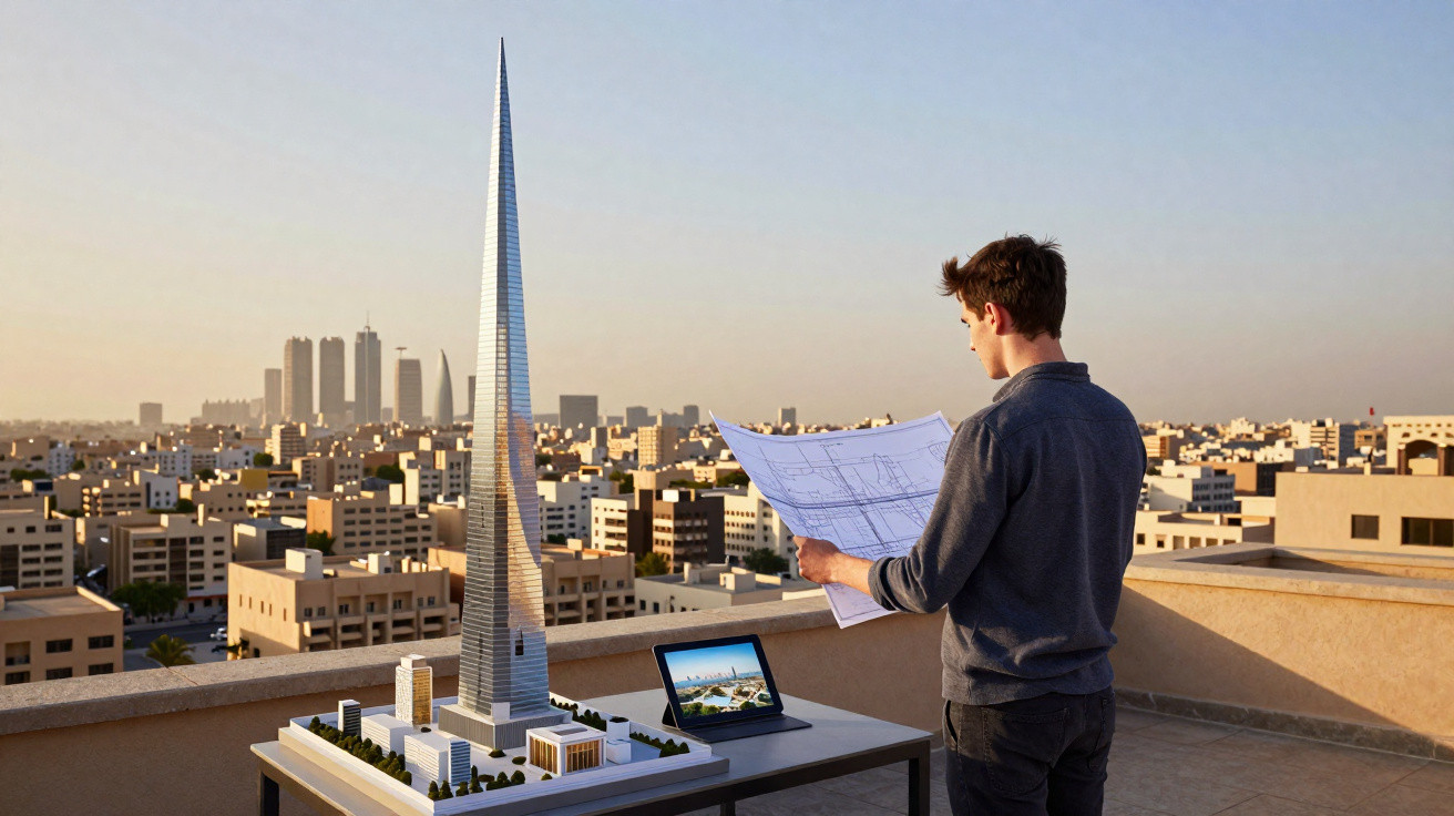 Homem analisa maquete e plantas de arranha-céus numa varanda com vista para a cidade ao pôr do sol.