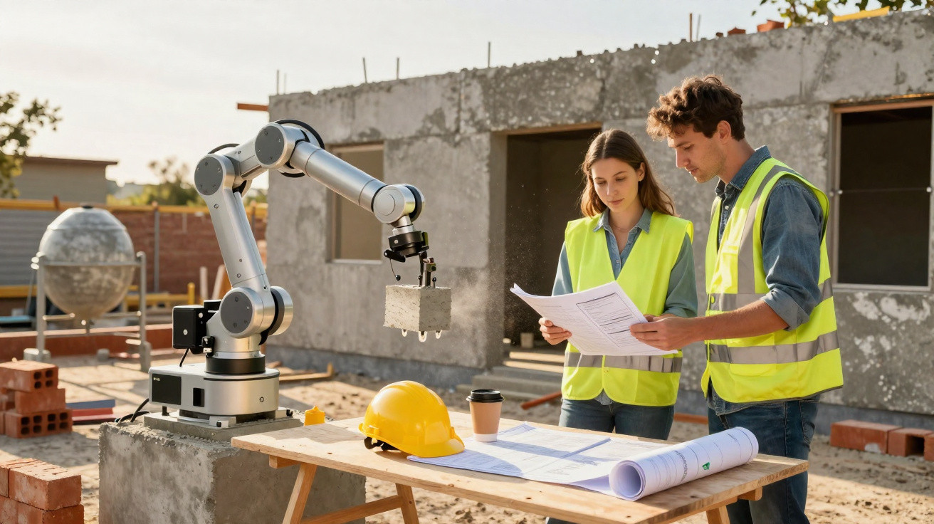 Dois engenheiros com coletes refletivos analisam plantas num estaleiro com robô e capacete amarelo numa mesa de madeira.