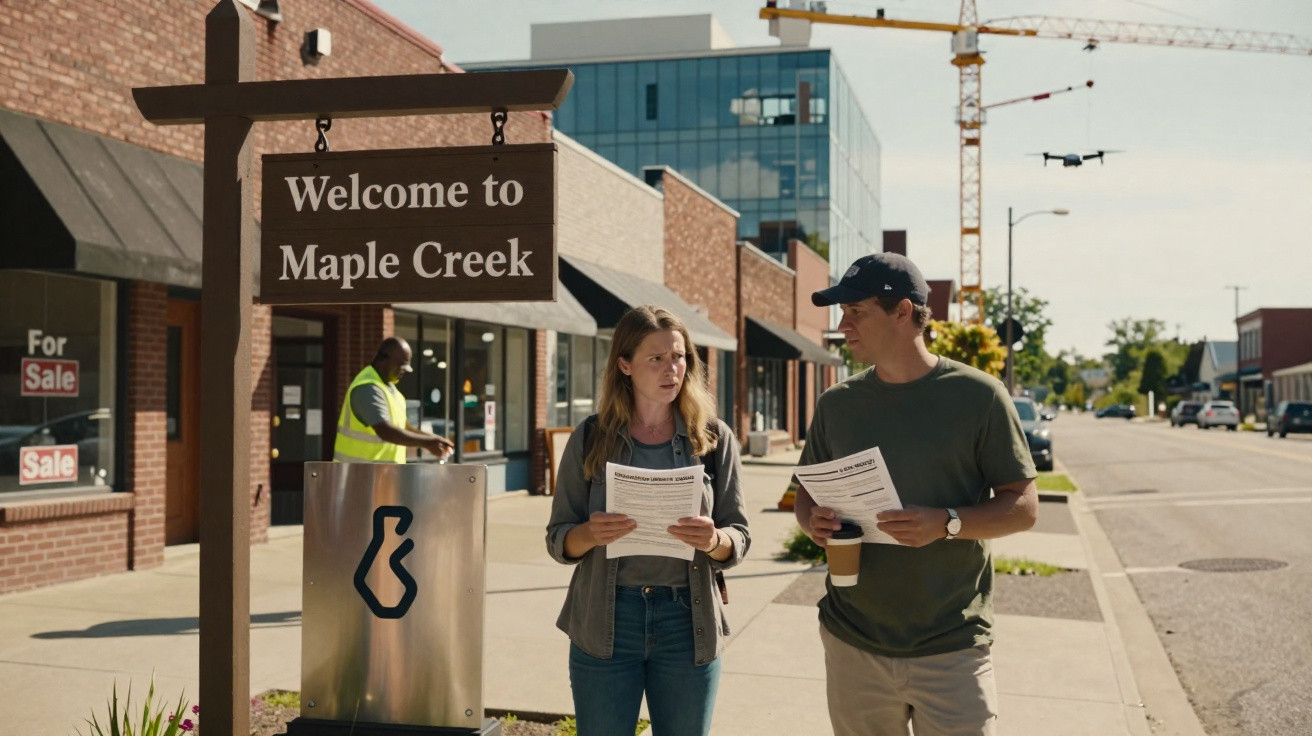 Dois adultos a caminhar numa rua de cidade, segurando papéis, junto a placa de boas-vindas "Welcome to Maple Creek".
