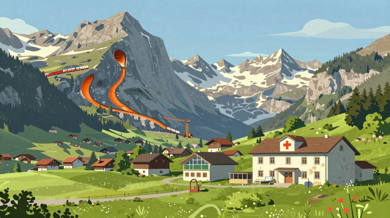 Vale verde com casas, hospital, comboio e montanhas nevadas ao fundo num cenário ilustrado.