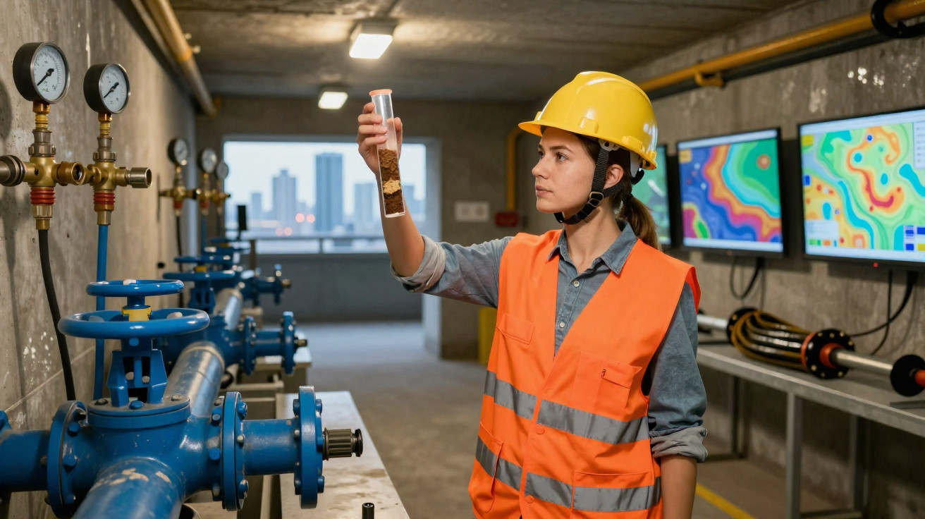 Técnica com capacete e colete laranja analisa amostra num laboratório industrial de controlo de qualidade.