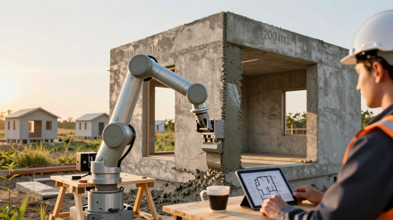 Braço robótico aplica concreto numa construção enquanto engenheiro com capacete analisa planta num tablet.