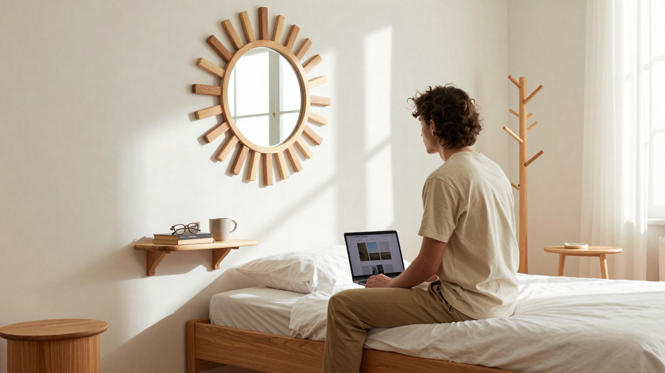 Homem sentado na cama a usar portátil num quarto minimalista com decoração em madeira e luz natural.
