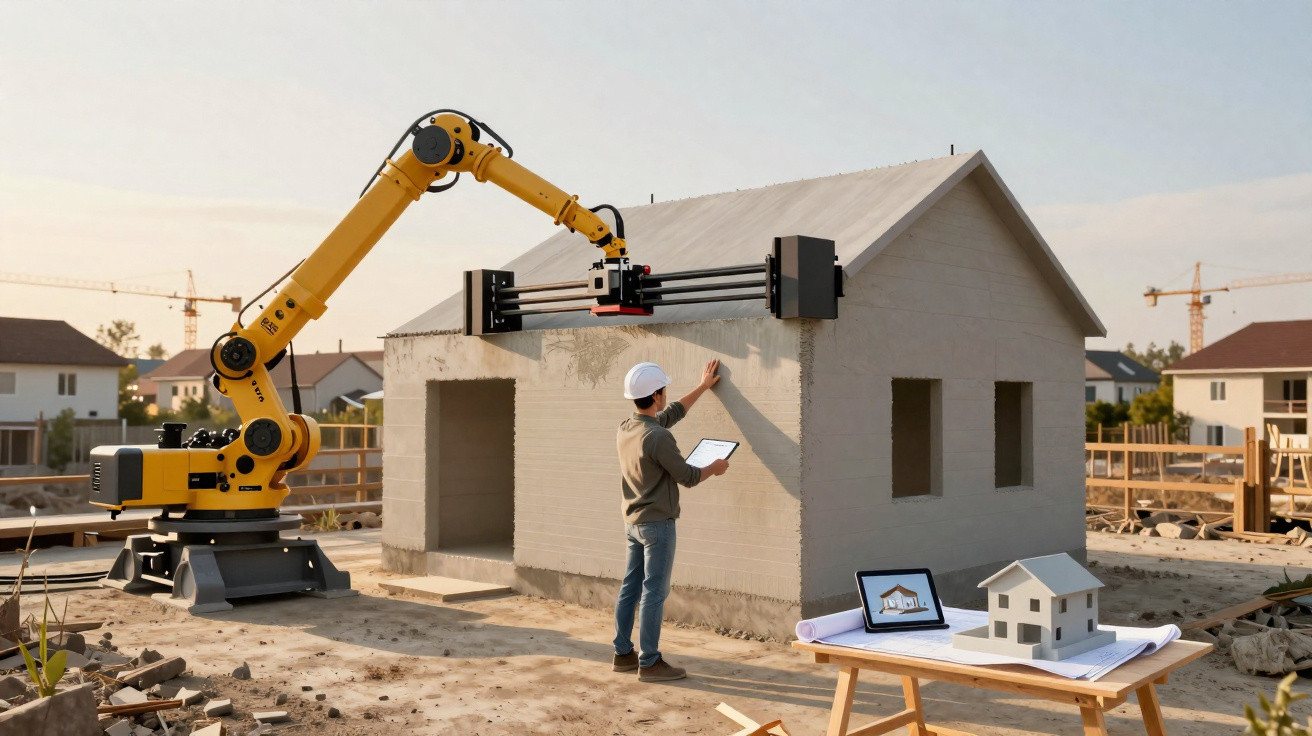 Robô a imprimir uma casa em 3D com um operário a inspecionar o progresso na construção.