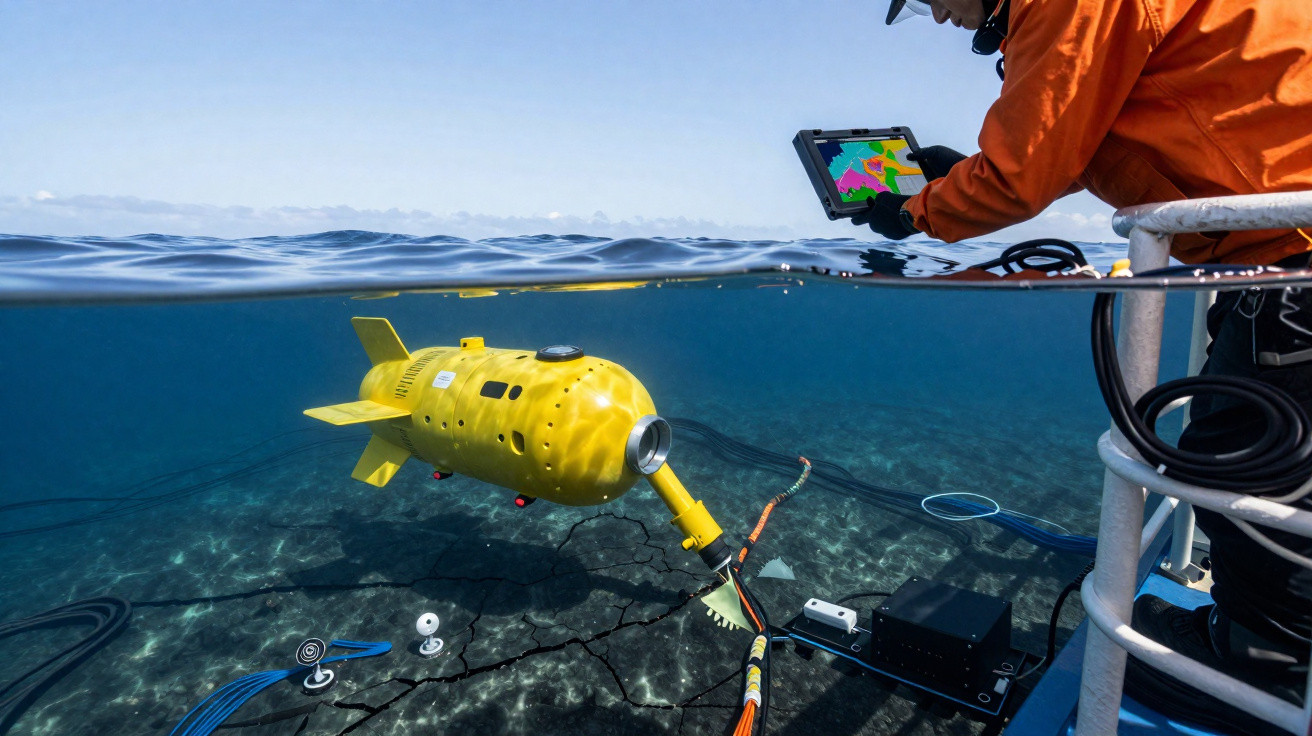 Submarino amarelo a operar debaixo de água com técnico a monitorizar em tablet na superfície.