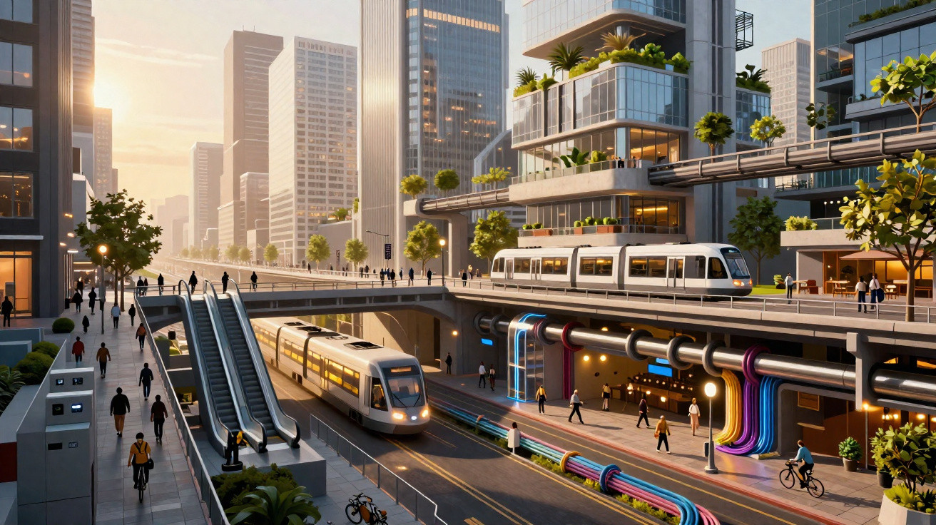 Cidade futurista com comboios modernos, pedestres, ciclistas e arranha-céus ao pôr do sol.