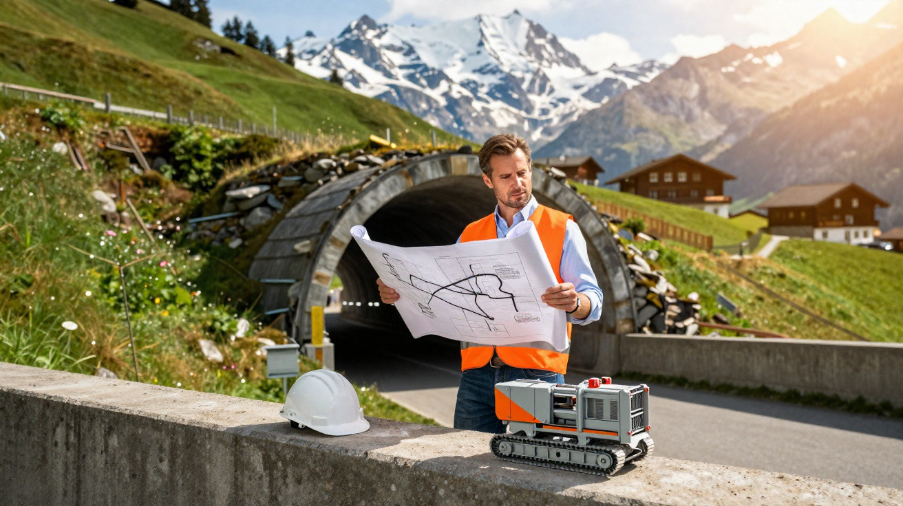 Engenheiro com colete laranja a analisar plano junto a túnel na montanha com casas e neve ao fundo.