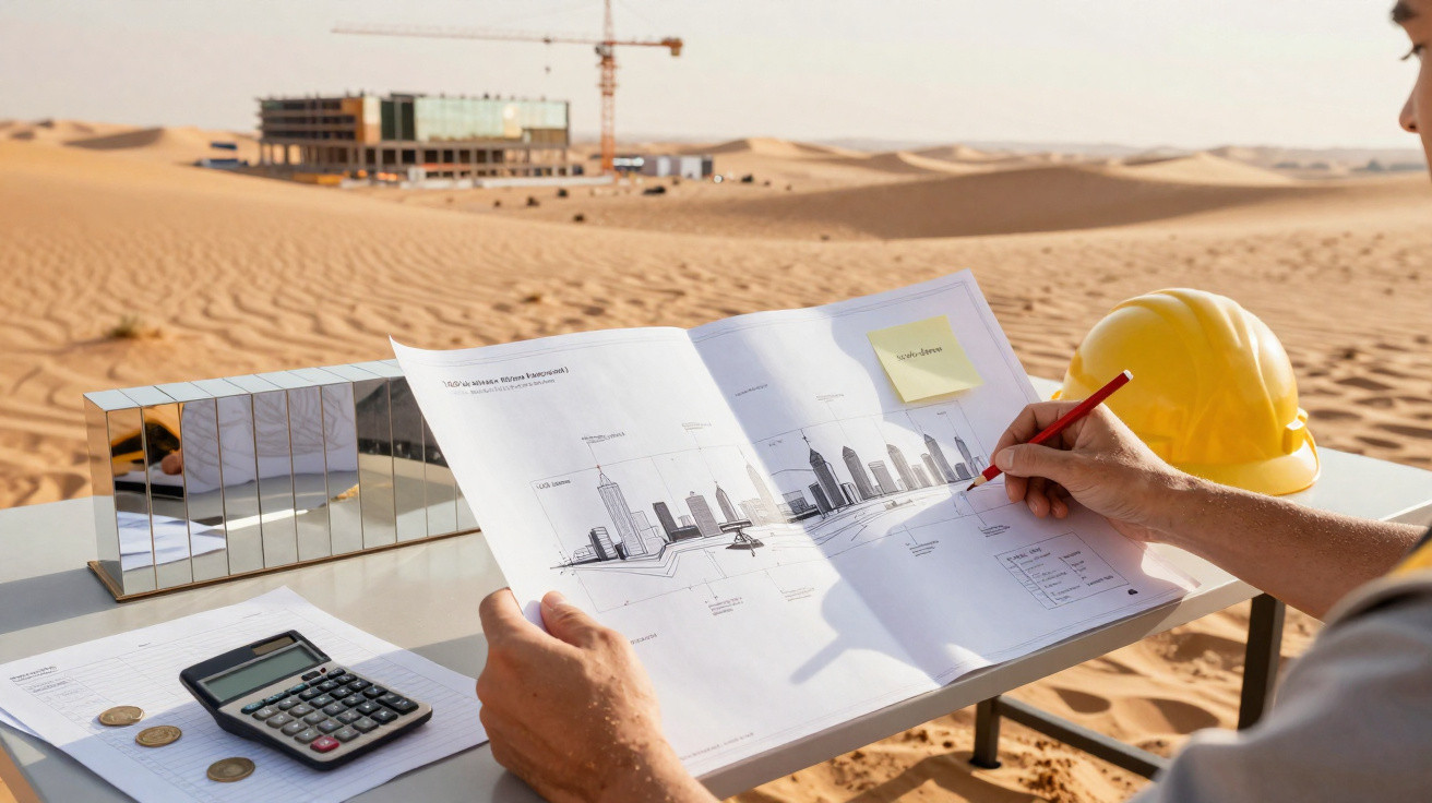 Pessoa a analisar projeto arquitetónico com calculadora e capacete amarelo numa mesa no deserto.