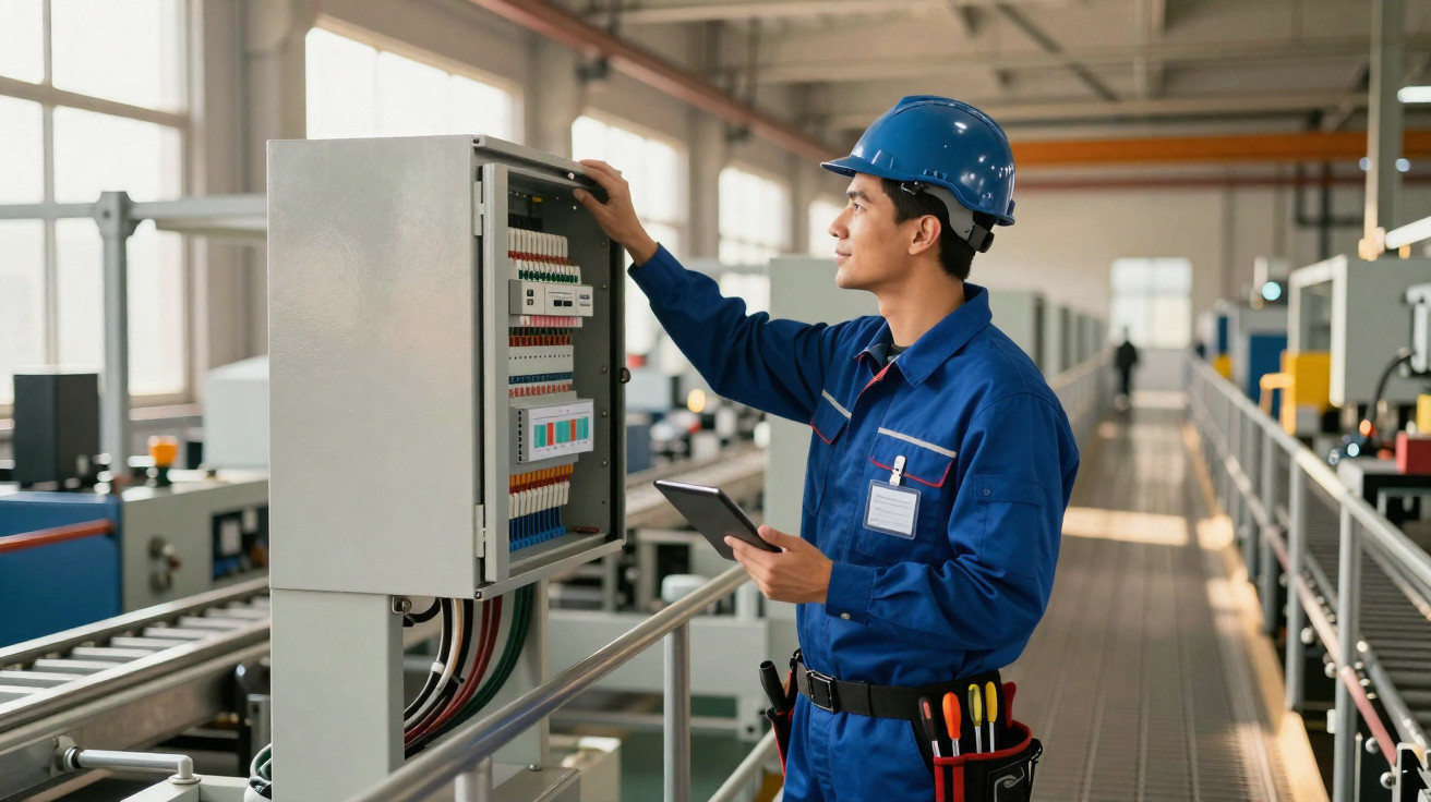 Trabalhador em equipamento de proteção verifica painel elétrico em ambiente industrial moderno.