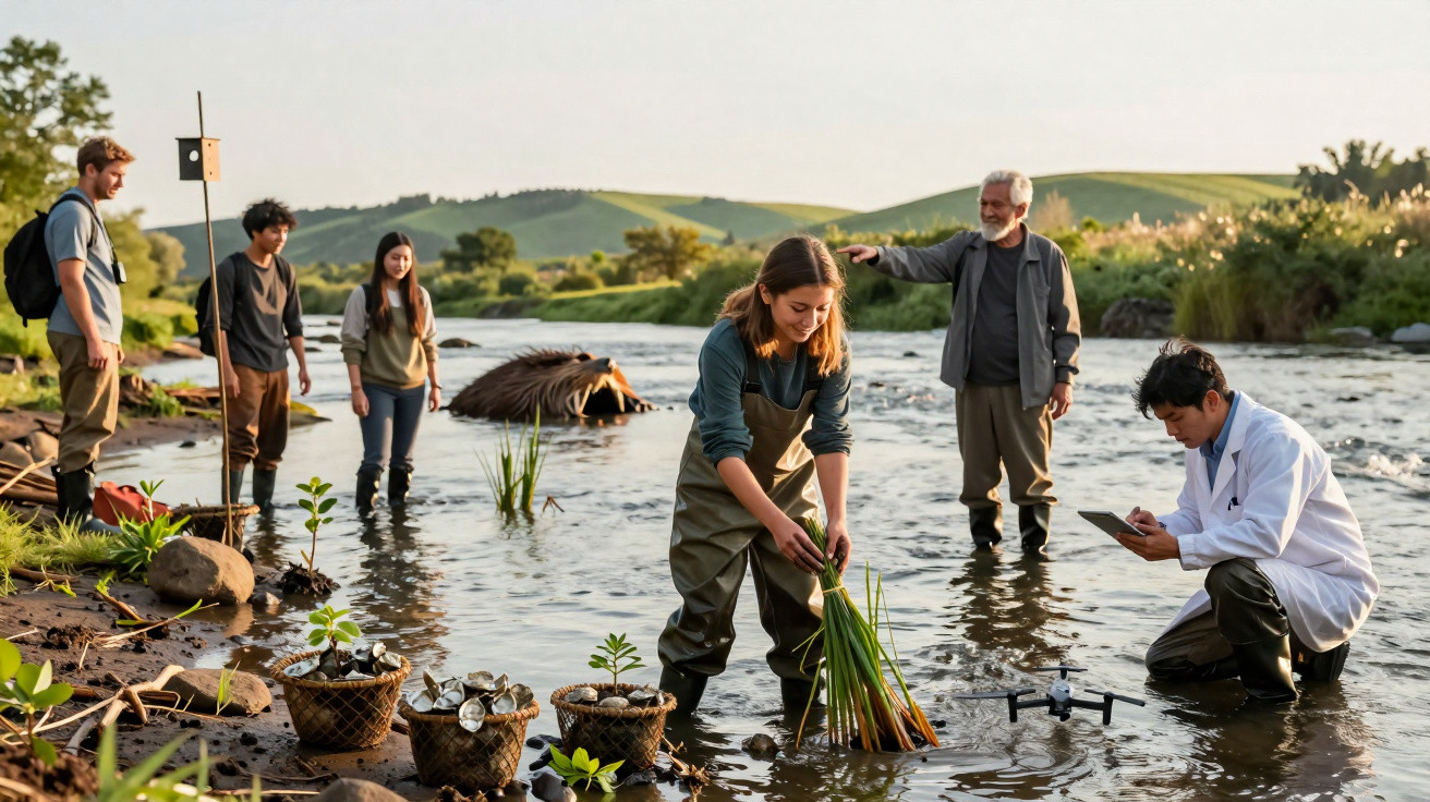 Grupo de pessoas plantando vegetação e a estudar água de rio numa atividade ambiental.