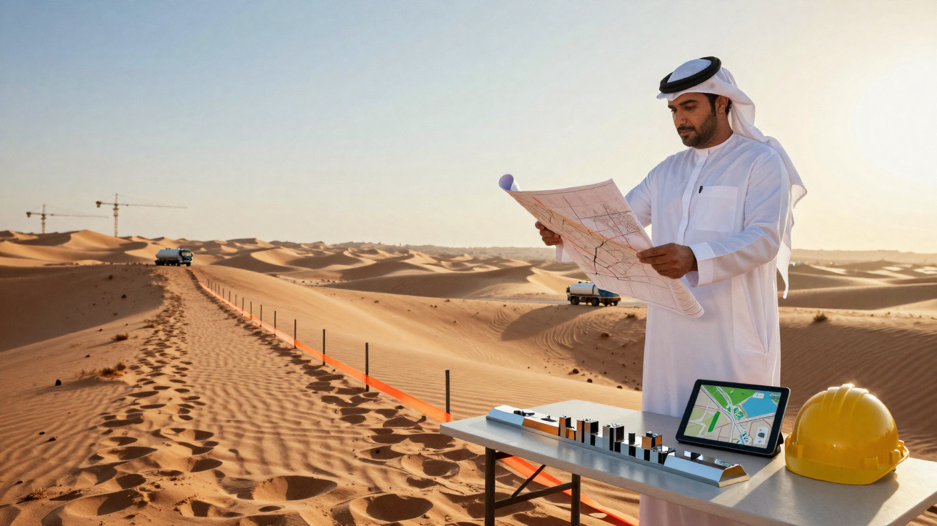 Homem em roupa tradicional árabe analisa mapa no deserto, com miniaturas de edifícios, capacete amarelo e tablet à frente.
