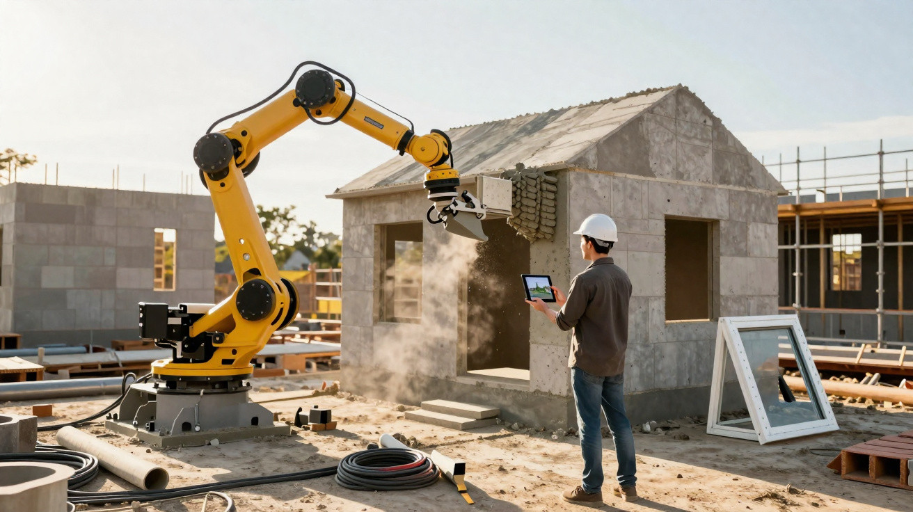 Engenheiro controla robô amarela na construção de casa pré-fabricada num canteiro com capacete branco.