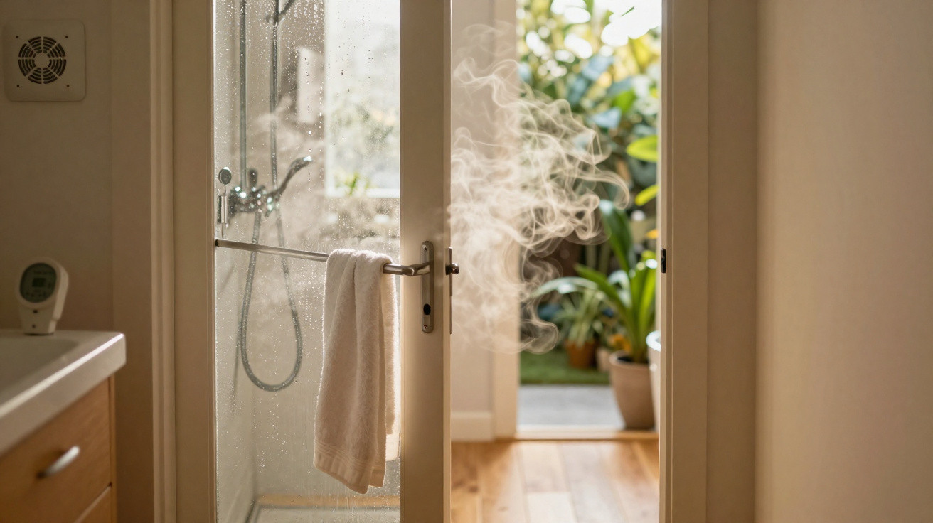 Porta de vidro entre casa de banho e jardim, com vapor de água e toalha pendurada no puxador.