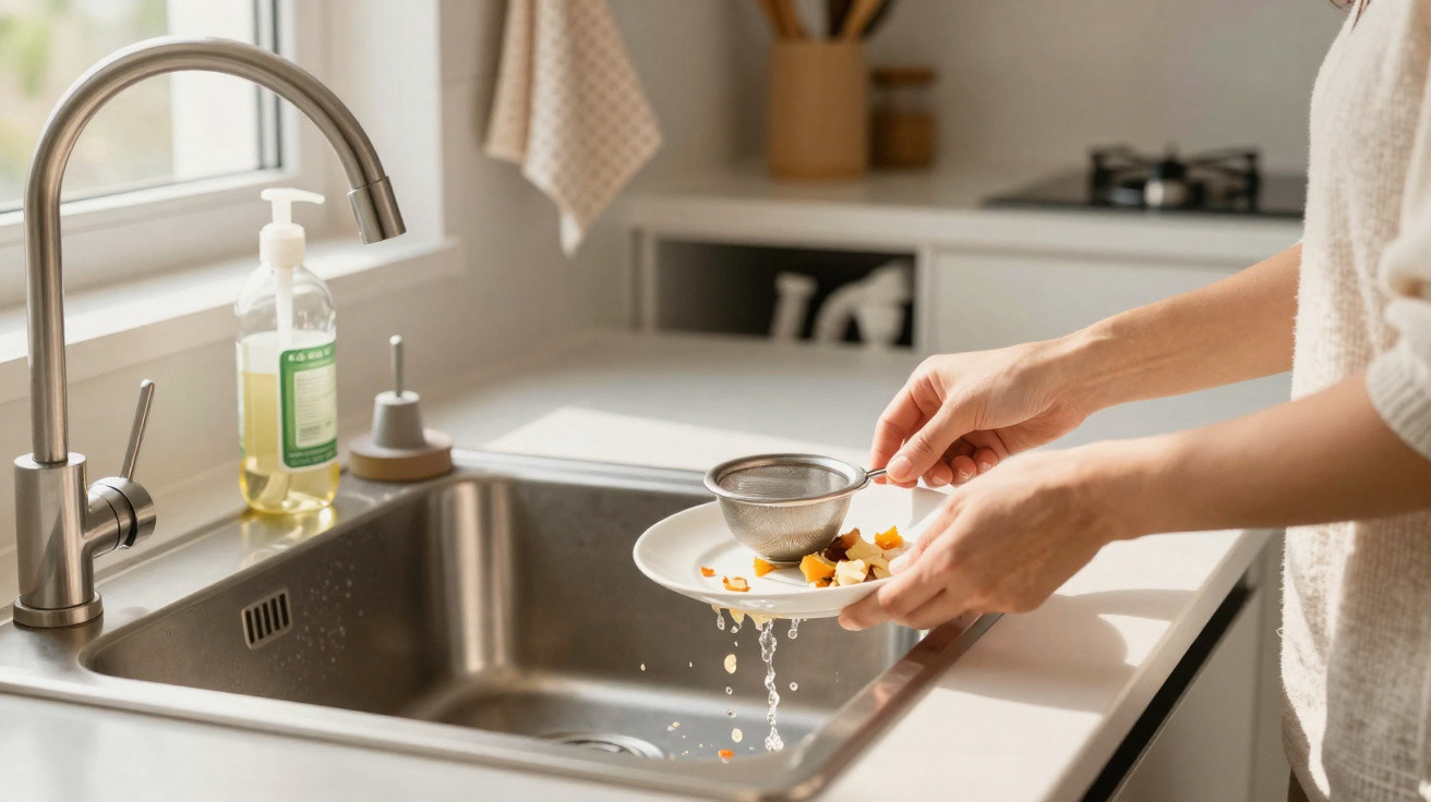 Pessoa a coar restos de comida num prato sobre uma pia de cozinha moderna com detergente.