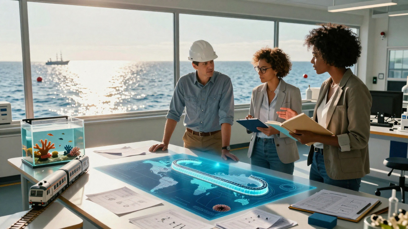 Três engenheiros discutem um projeto holográfico com vista para o mar num escritório moderno.