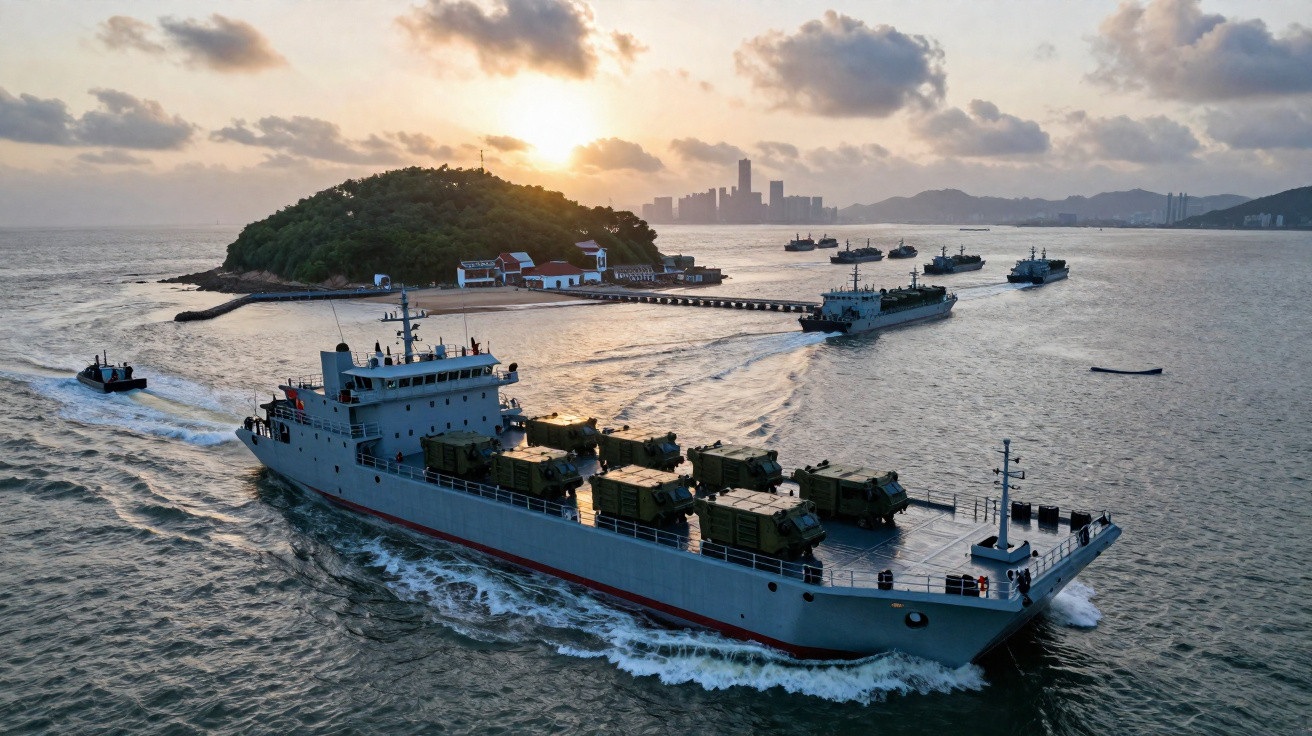 Navio militar com veículos de transporte a navegar perto de uma ilha ao pôr do sol.