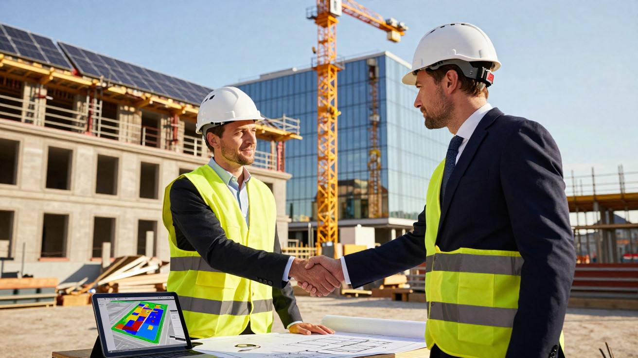 Dois engenheiros com capacetes e coletes refletivos apertam as mãos num canteiro de obras.