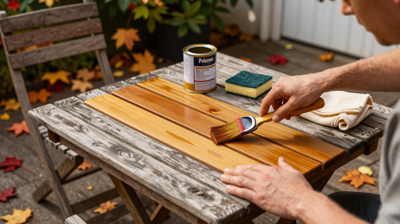 Pessoa a aplicar verniz castanho em madeira sobre uma mesa exterior velha com folhas de outono ao redor.