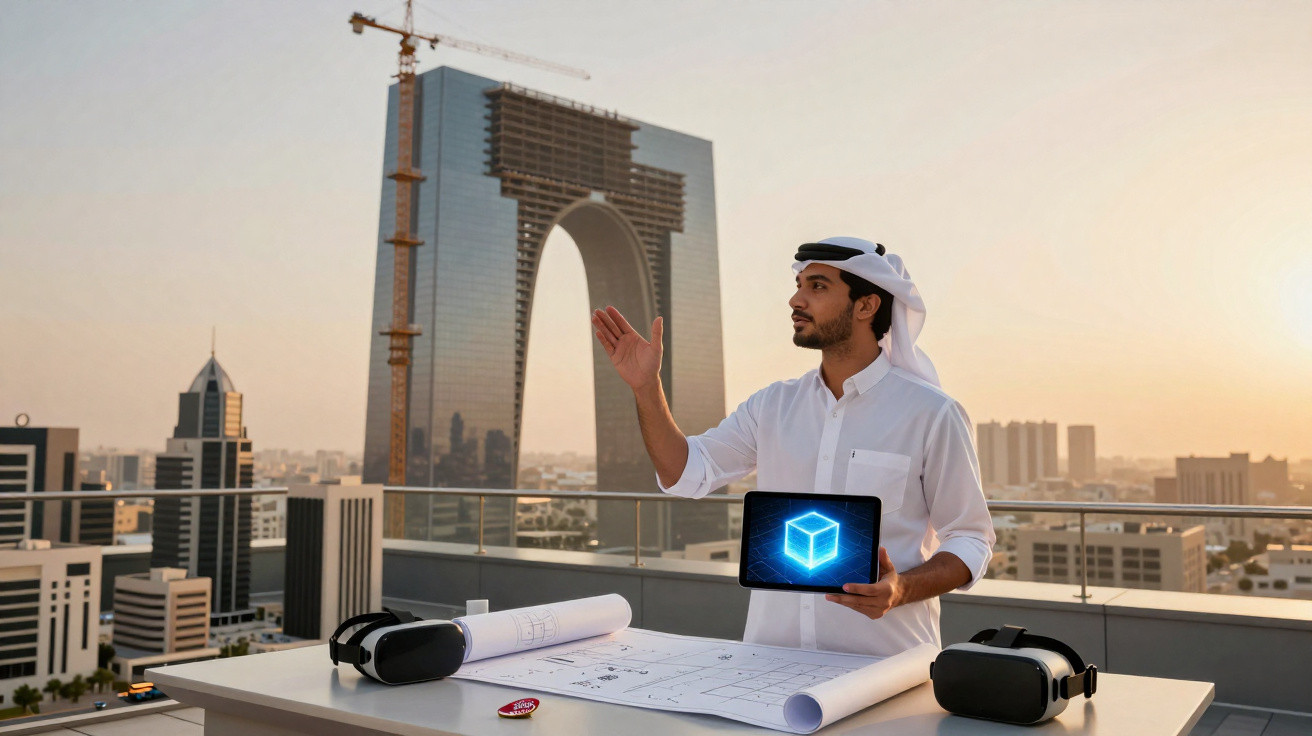 Homem árabe em roupa tradicional mostra projeto digital em tablet perante cidade com arranha-céus ao pôr do sol.