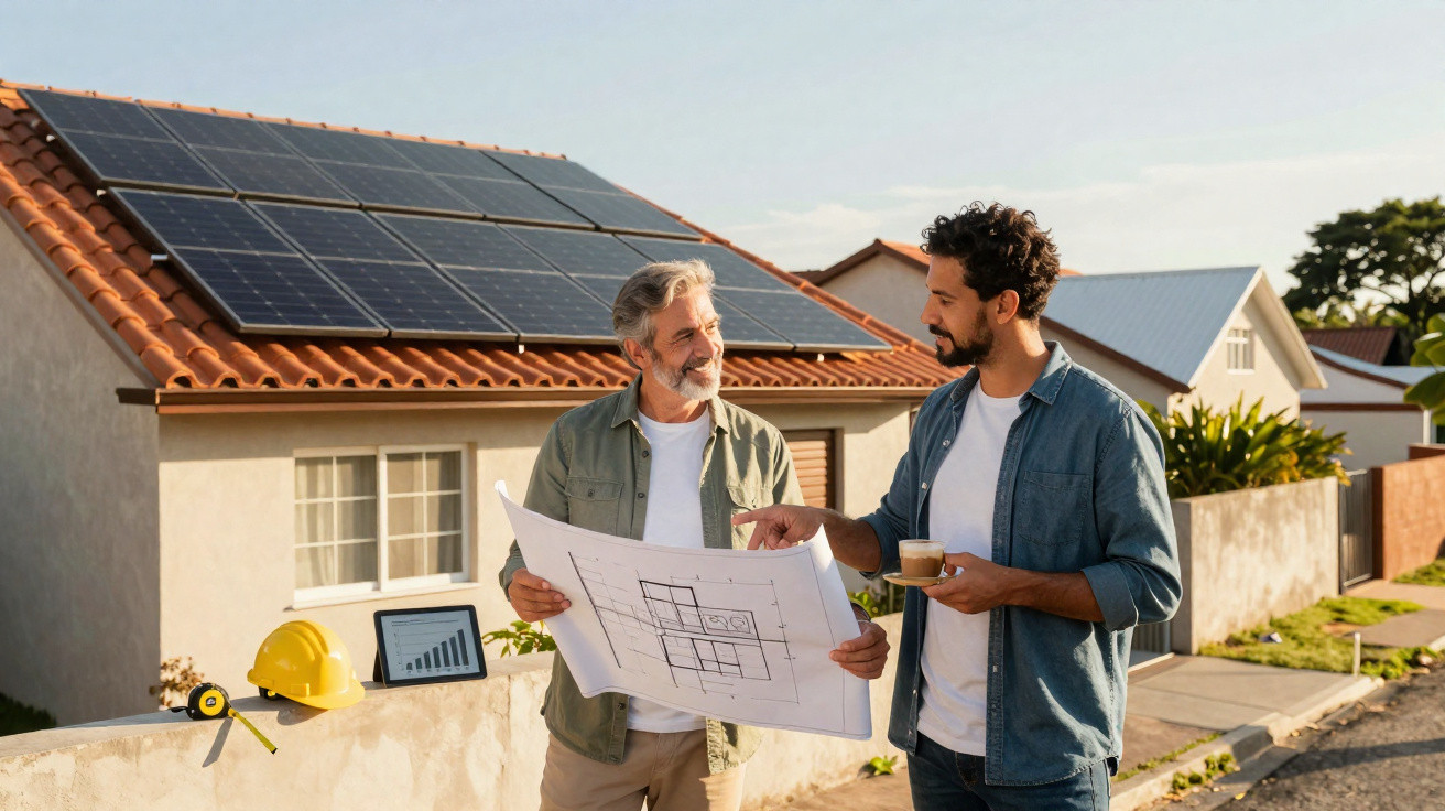 Dois homens a discutir plantas junto a uma casa com painéis solares no telhado numa área residencial.