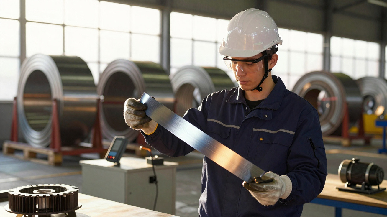 Trabalhador com capacete e óculos de proteção examina chapa metálica numa fábrica industrial.