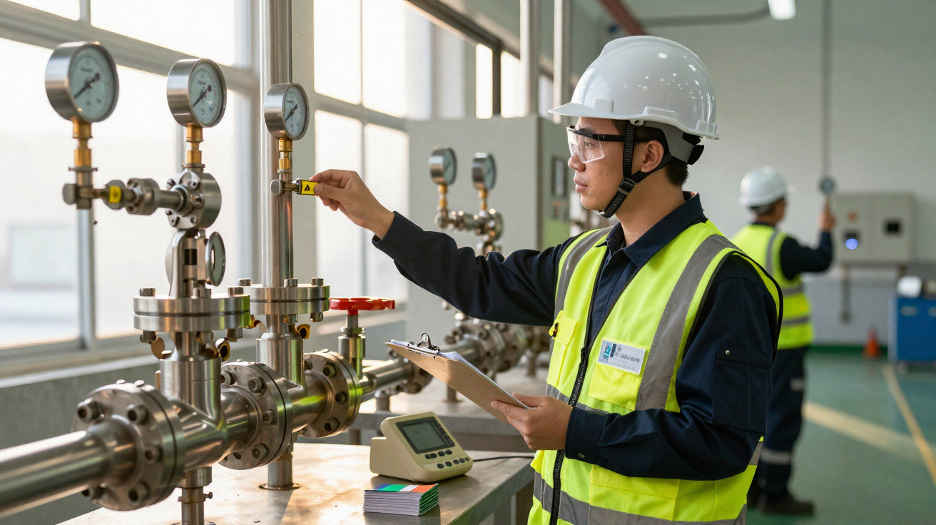 Engenheiro com colete de segurança e capacete a verificar manómetros numa instalação industrial.
