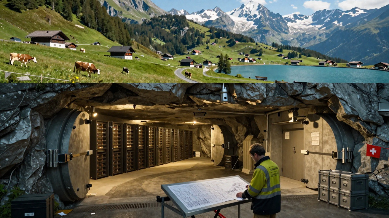 Montanhas nevadas com prados e vacas no topo, entrada subterrânea de bunker reforçado na parte inferior.
