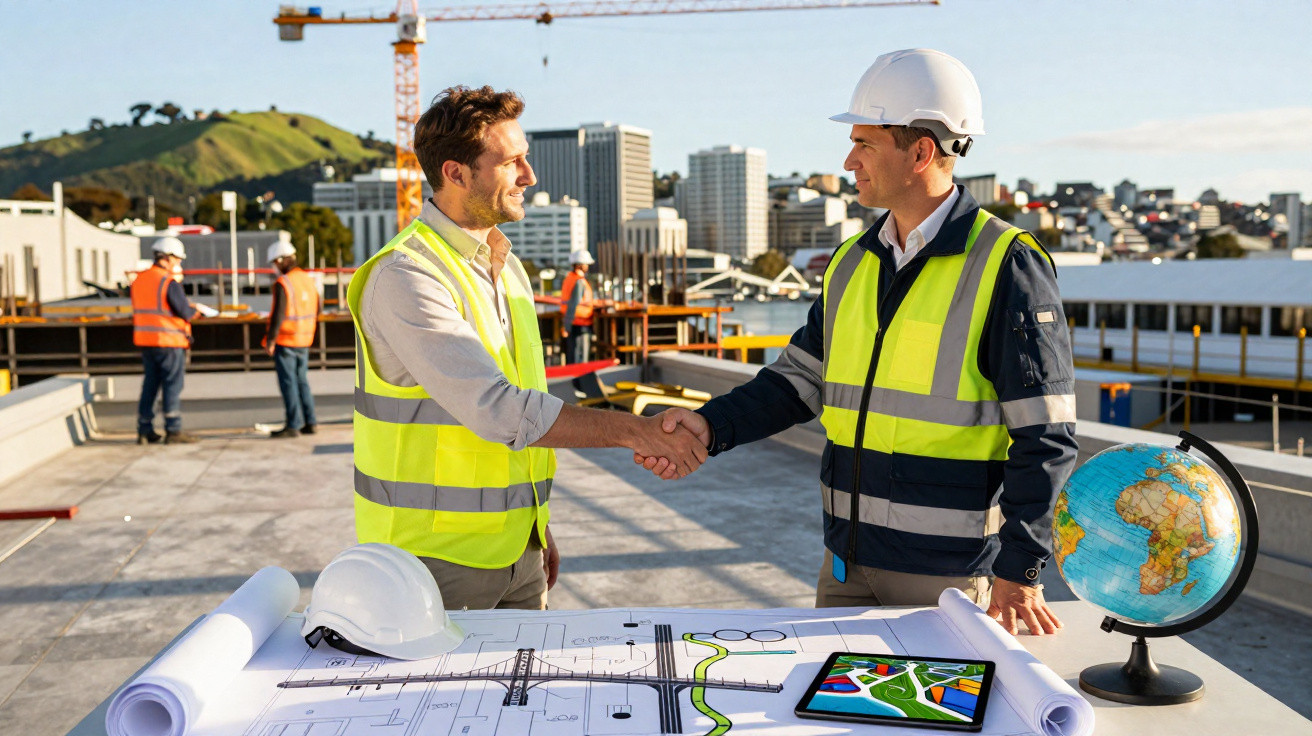 Dois engenheiros com coletes refletores apertam as mãos num canteiro de obras com plantas e um globo sobre uma mesa.