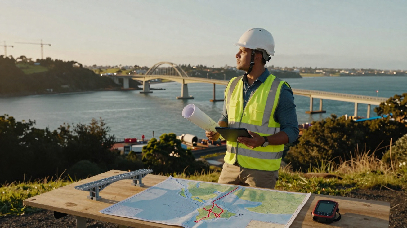 Engenheiro com colete de segurança observa obra de ponte segurando planta e tablet, com mapa sobre mesa ao ar livre.