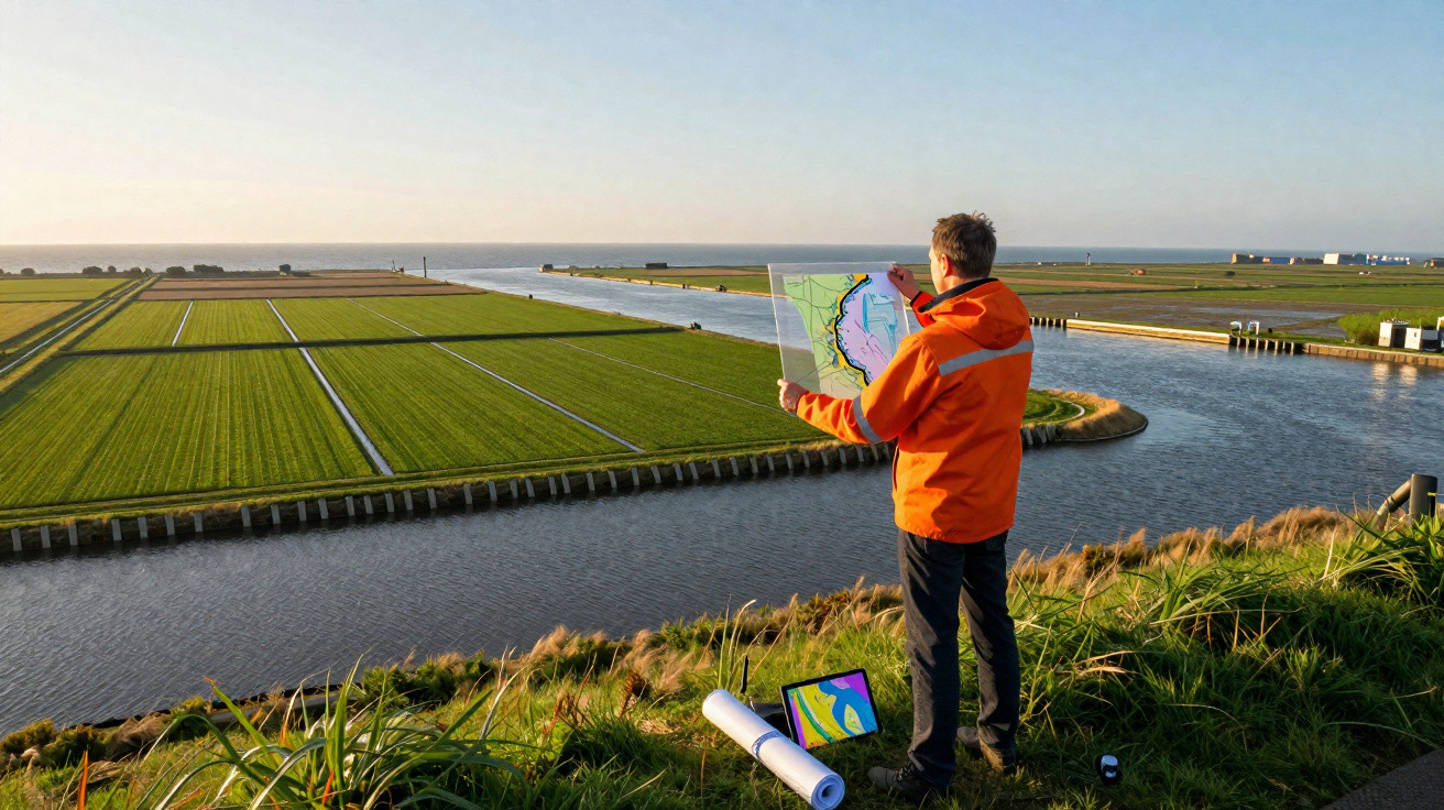 Homem de casaco laranja analisa mapa junto a curso de água e campos verdes ao pôr do sol.