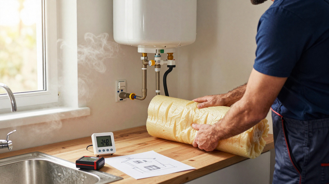 Pessoa a colocar isolamento térmico numa superfície junto a um aquecedor de água e um termómetro digital.