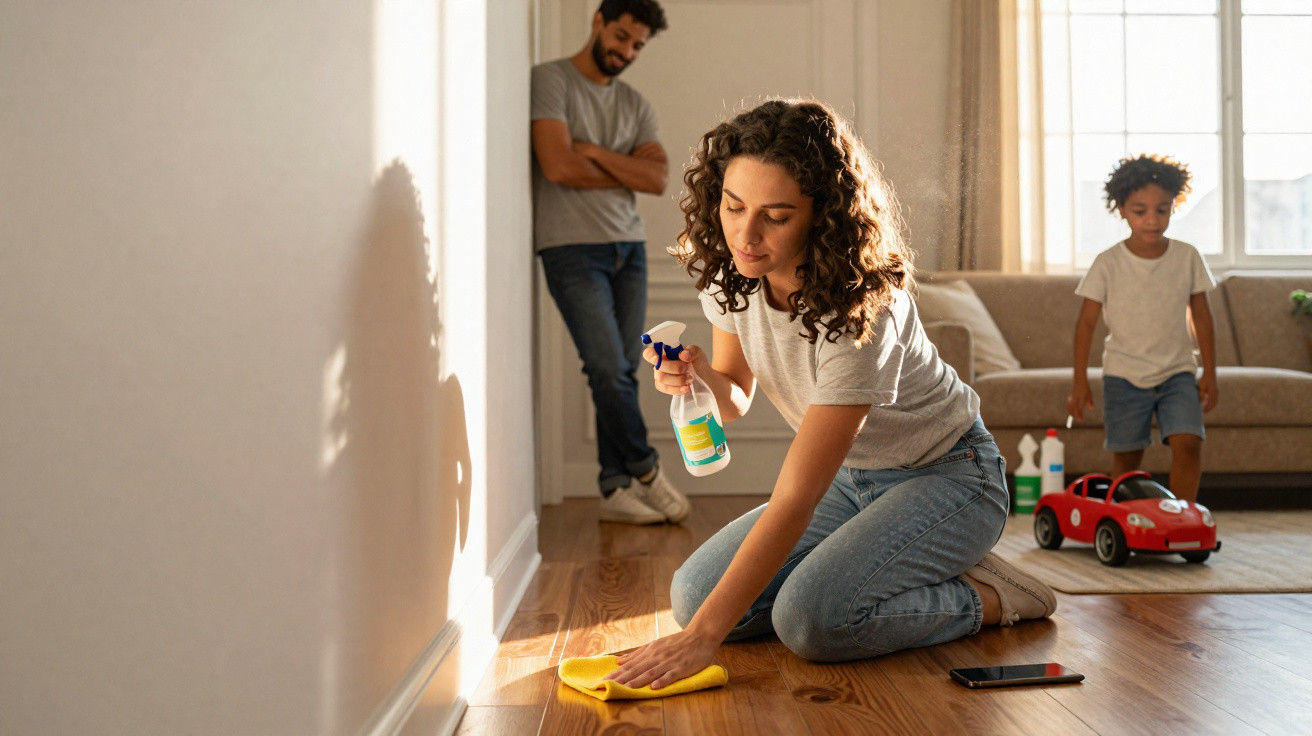 Mulher limpa chão de madeira com pano e spray, criança brinca ao fundo e homem observa na sala.