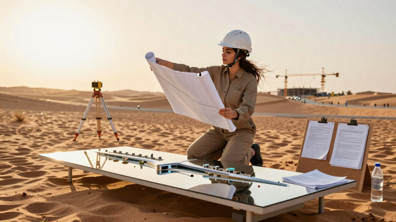 Engenheira de obras a analisar planta em canteiro de construção no deserto ao pôr do sol.