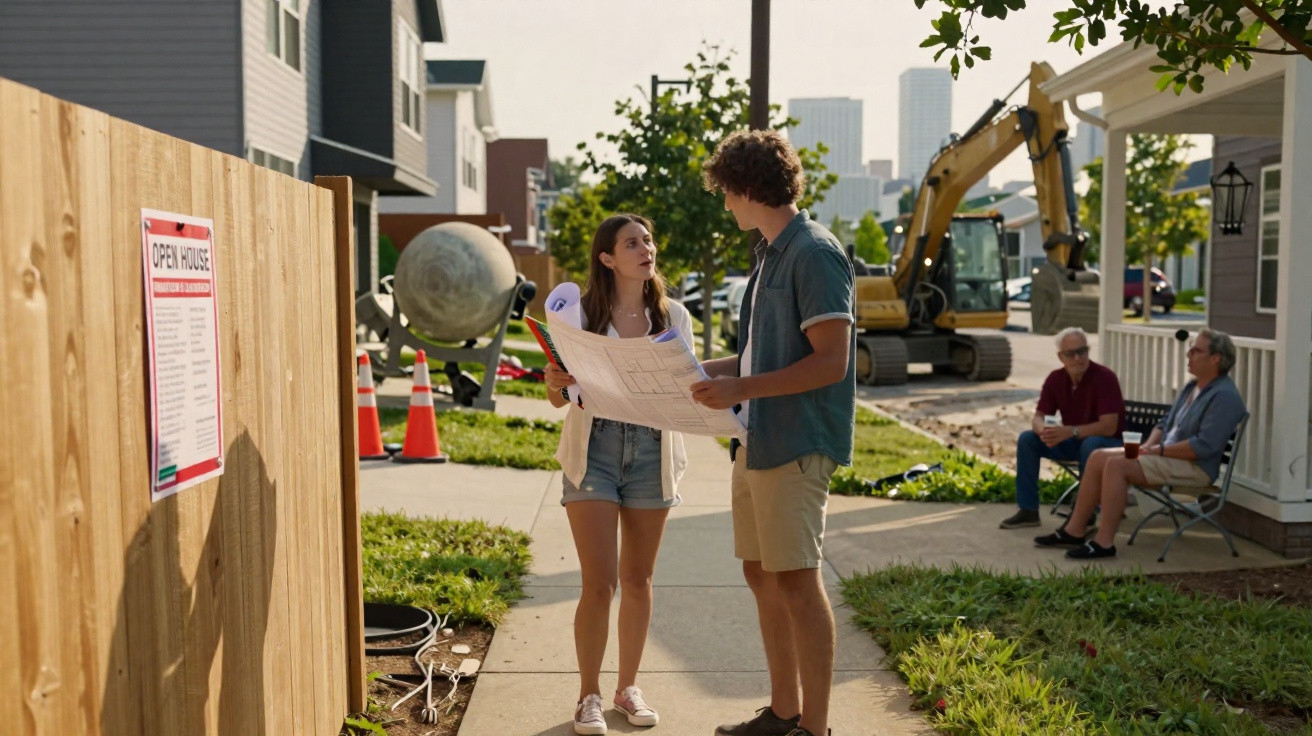 Jovem casal discute planta de construção numa rua residencial com obras em andamento ao fundo.