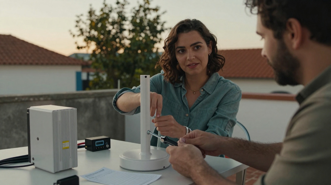 Duas pessoas a montar equipamento eletrónico numa mesa ao ar livre ao entardecer.