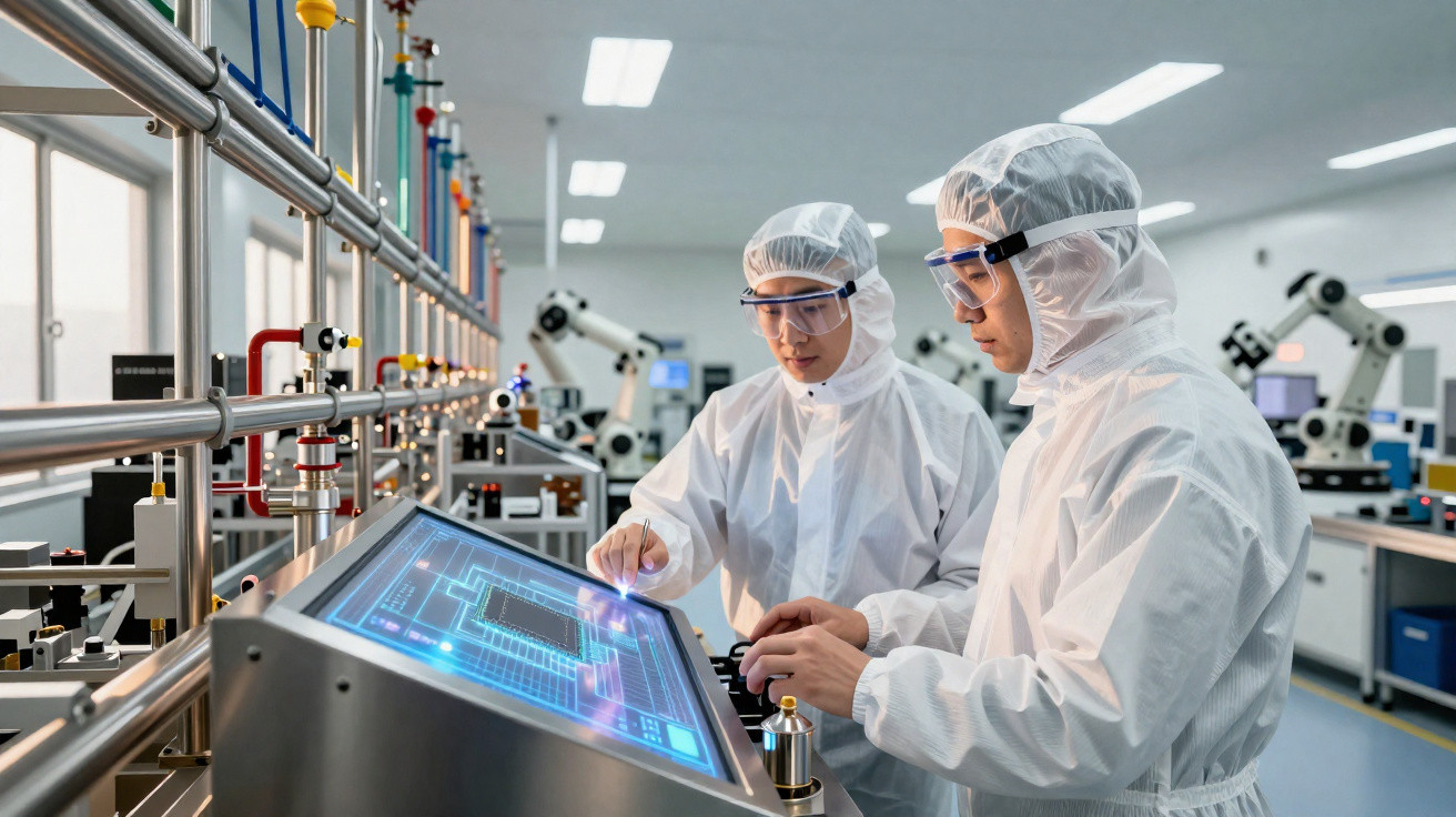 Dois cientistas com equipamento de proteção a trabalhar num laboratório tecnológico com ecrã tátil.