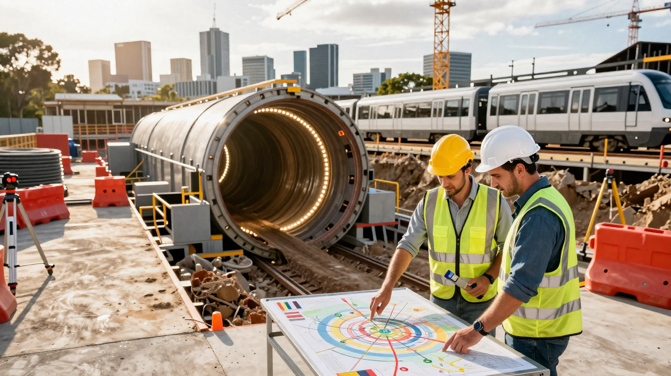 Dois engenheiros com capacetes e coletes planear construção de túnel perto de comboio e cidade ao fundo.
