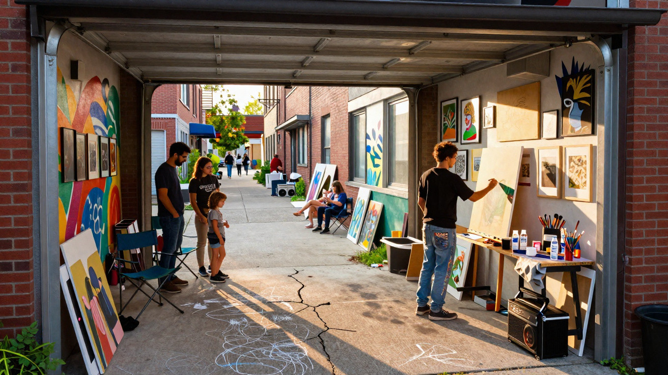 Pessoa a pintar numa garagem transformada em estúdio de arte com quadros e crianças a observar.