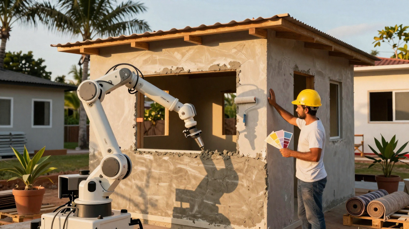 Homem de capacete a escolher cores para pintar casa pequena sendo construída por braço robótico.