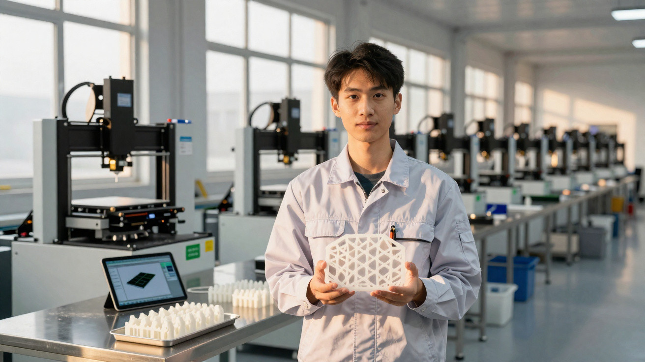 Homem em uniforme branco segura objeto impresso em 3D numa fábrica com múltiplas impressoras 3D ao fundo.