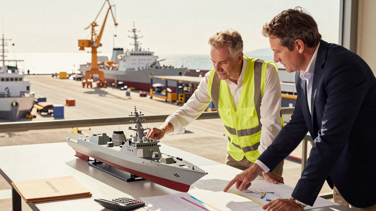 Dois homens, um de colete refletor, discutem maquete de navio de guerra num cais com navios ao fundo.