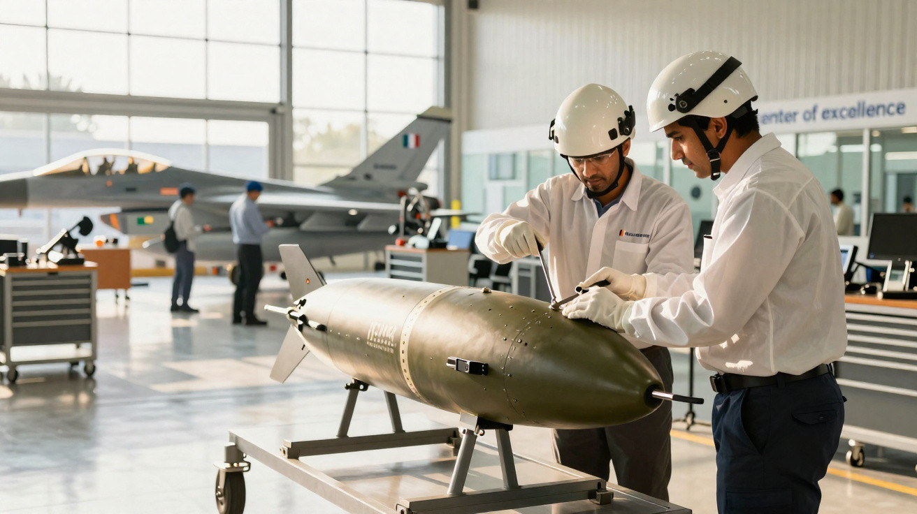 Dois técnicos com capacetes a inspecionar uma bomba em oficina aeronáutica com jato ao fundo.